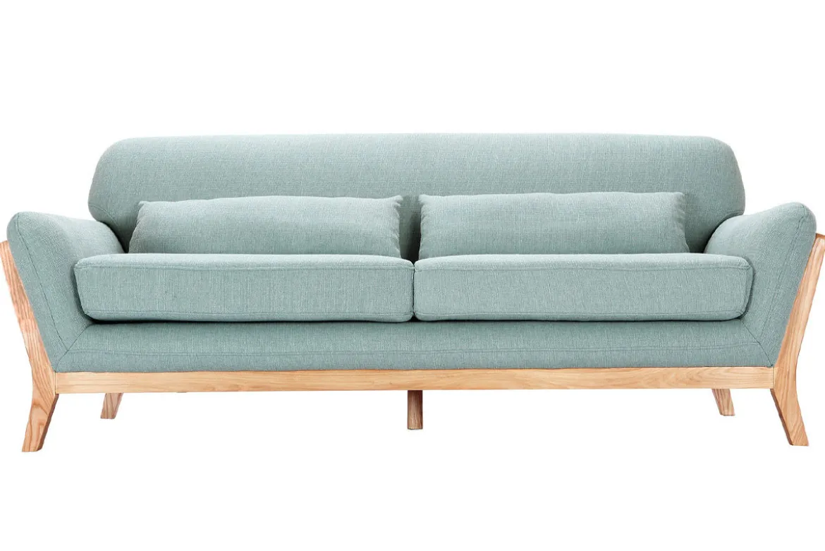 Canapé scandinave 3 places en tissu vert lagon et bois clair YOKO
