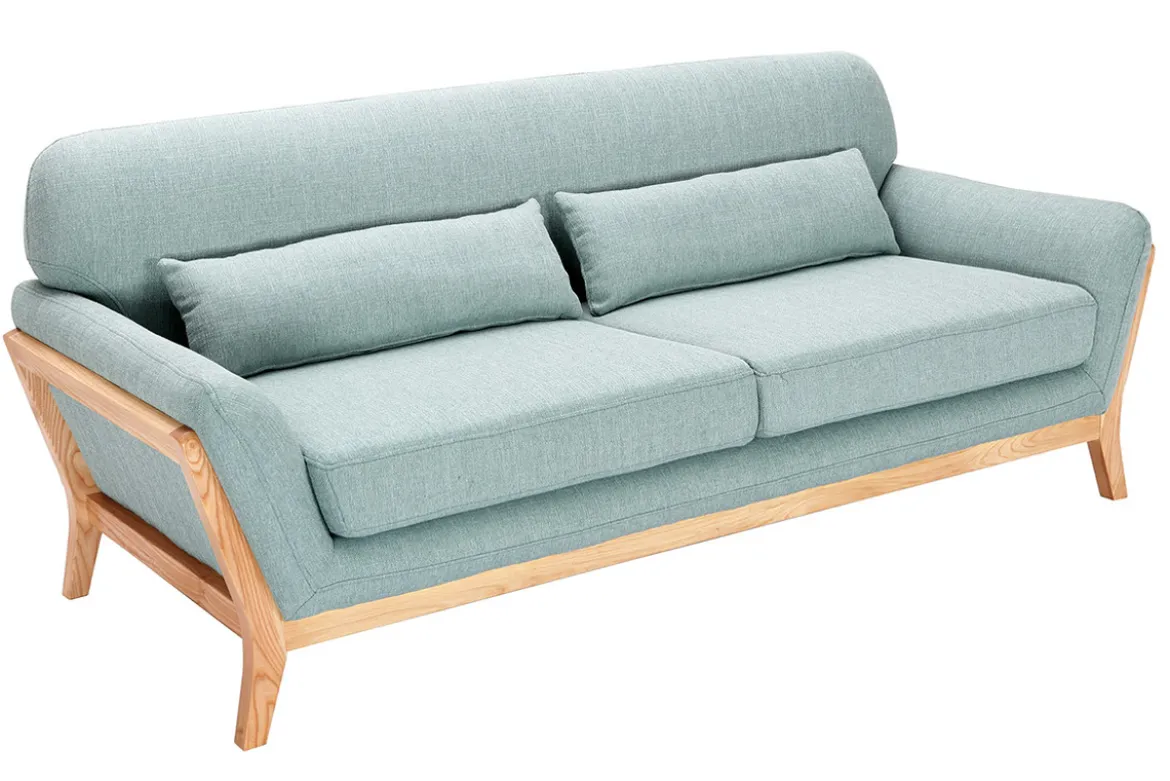 Canapé scandinave 3 places en tissu vert lagon et bois clair YOKO