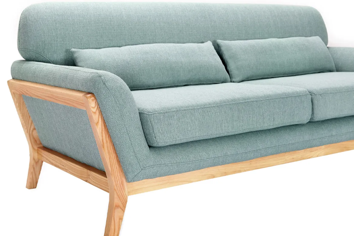 Canapé scandinave 3 places en tissu vert lagon et bois clair YOKO