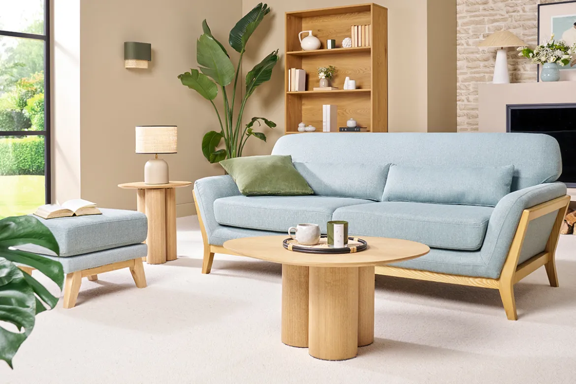 Canapé scandinave 3 places en tissu vert lagon et bois clair YOKO