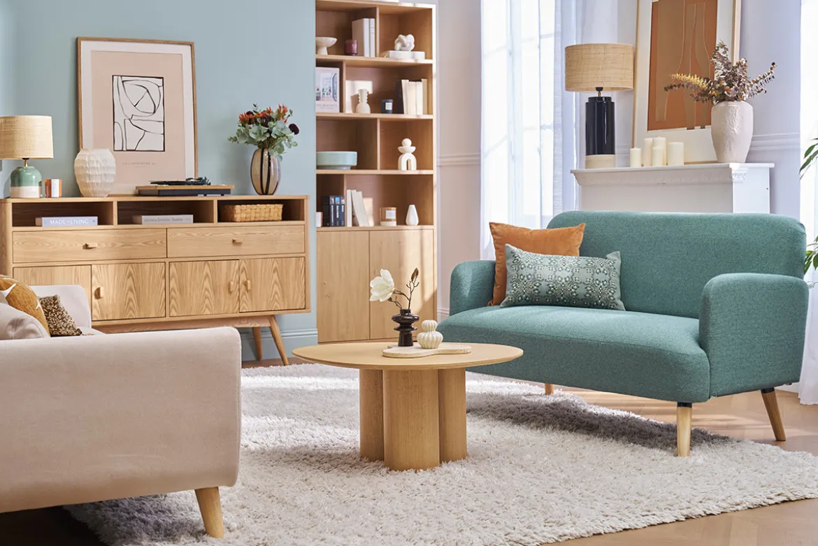 Canapé scandinave 2 places en tissu vert de gris et bois clair ISKO