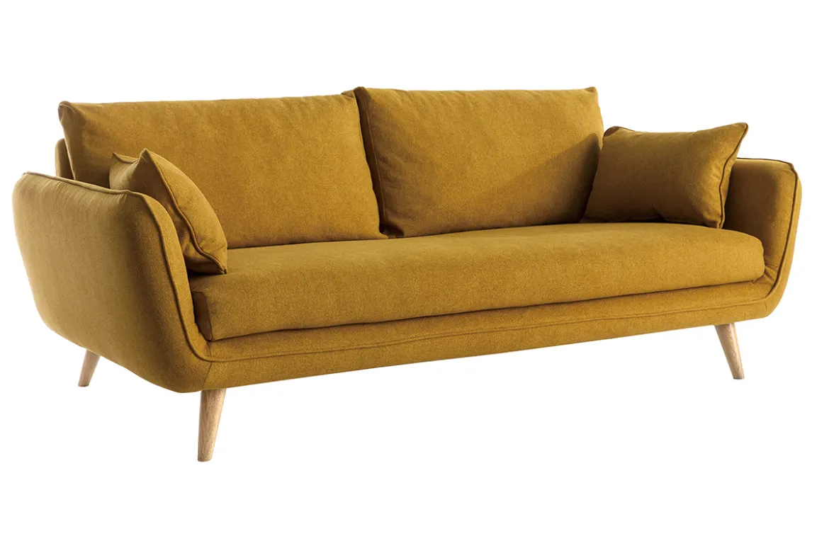 Canapé scandinave 3 places en tissu jaune cumin et bois clair CREEP