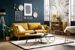 Canapé scandinave 3 places en tissu jaune cumin et bois clair CREEP