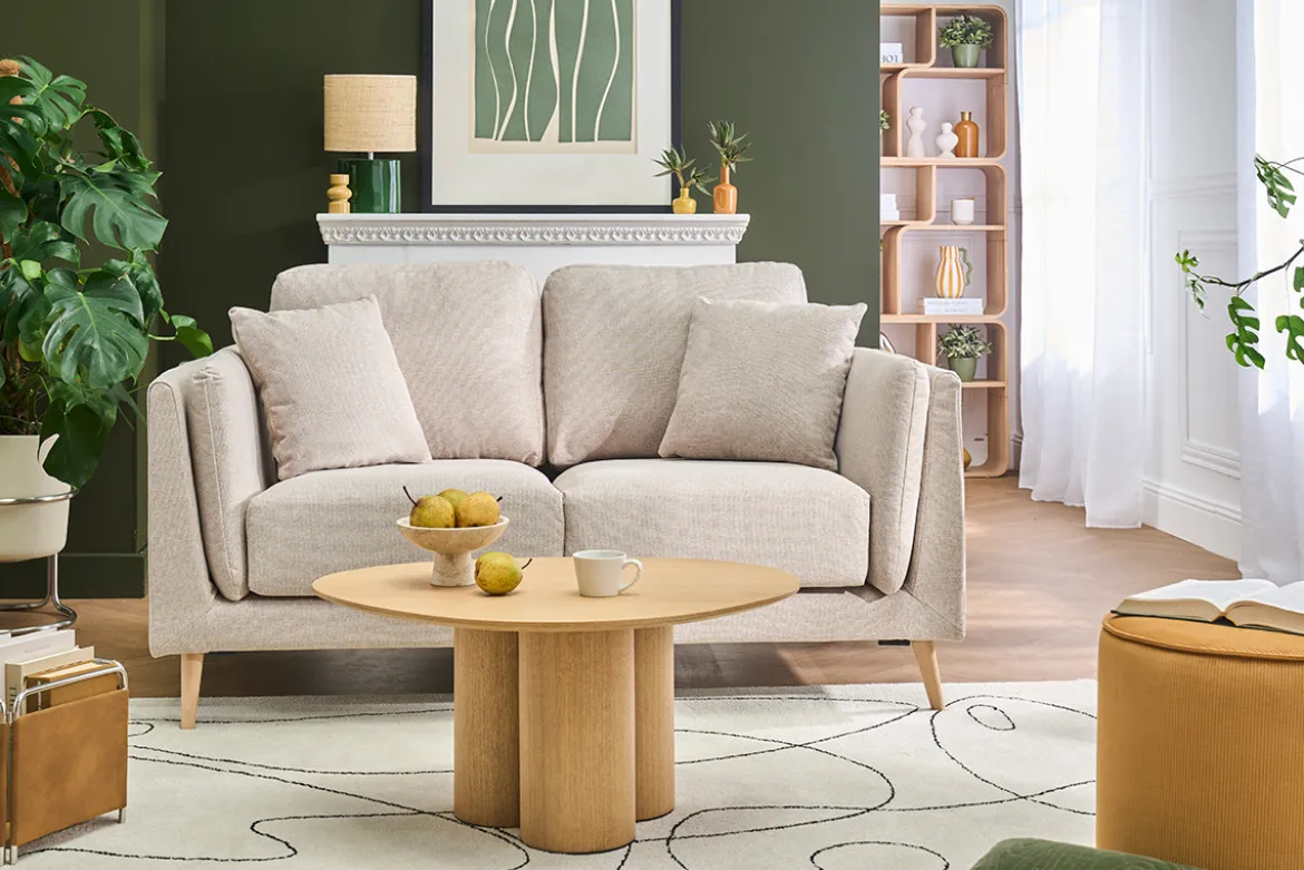 Canapé scandinave 2 places en tissu beige naturel et bois clair VOGUE