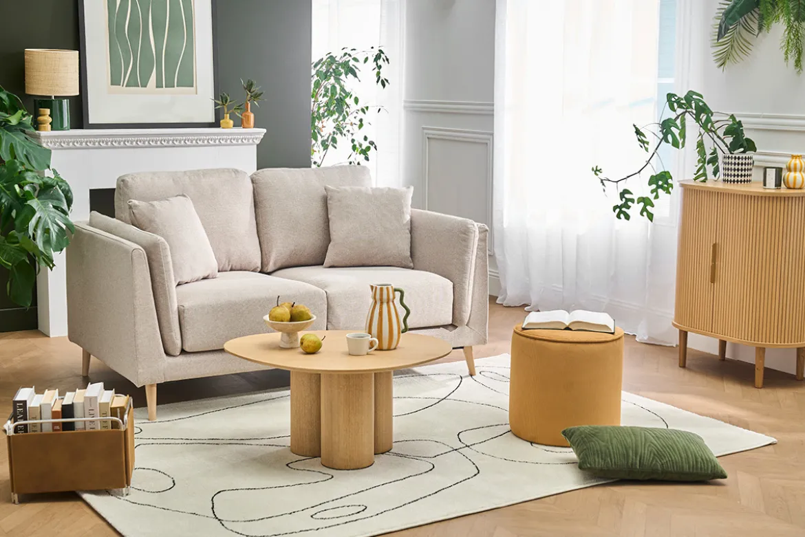 Canapé scandinave 2 places en tissu beige naturel et bois clair VOGUE