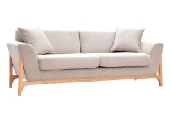 Canapé scandinave 3 places en tissu effet velours texturé beige et bois clair ASAKO