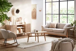 Canapé scandinave 3 places en tissu effet velours texturé beige et bois clair ASAKO