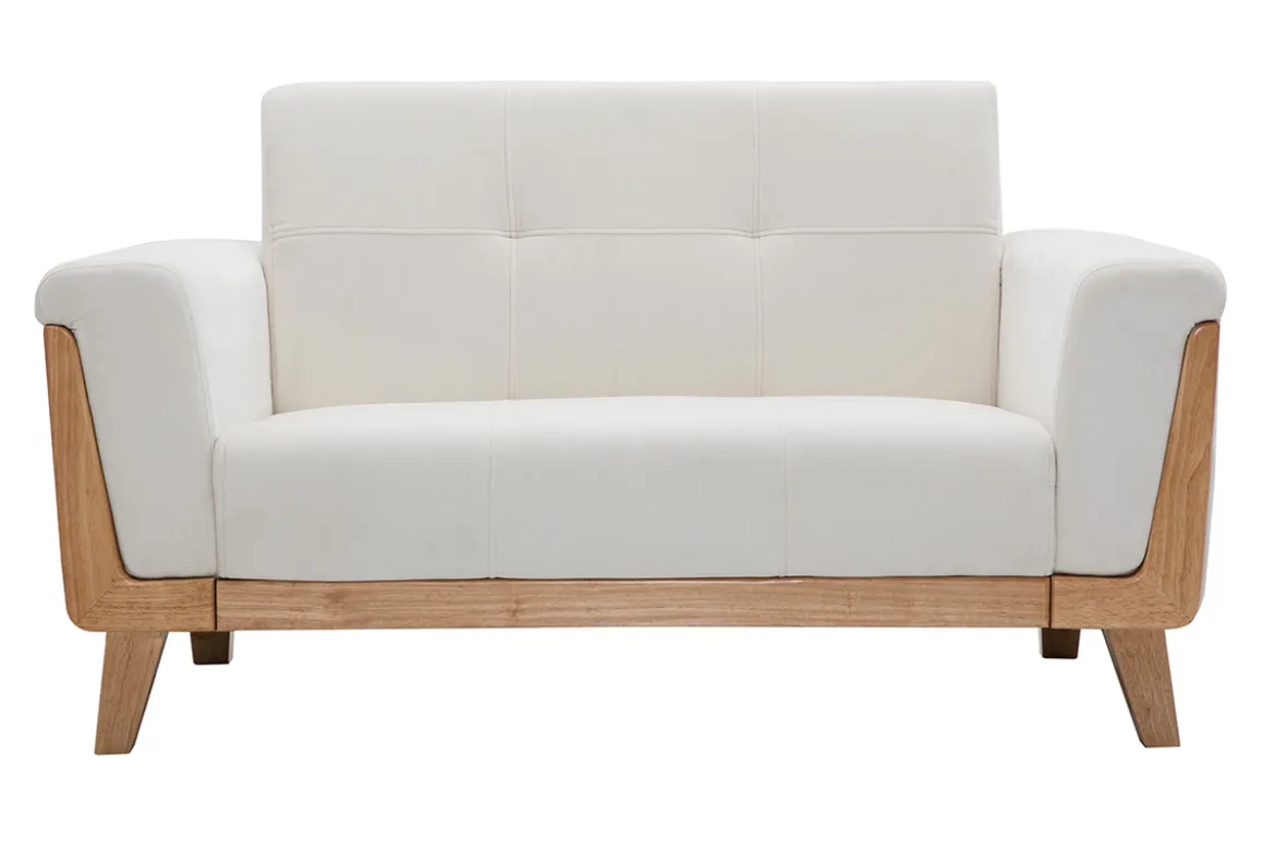 Canapé scandinave 2 places en tissu effet velours blanc cassé et bois clair FJORD