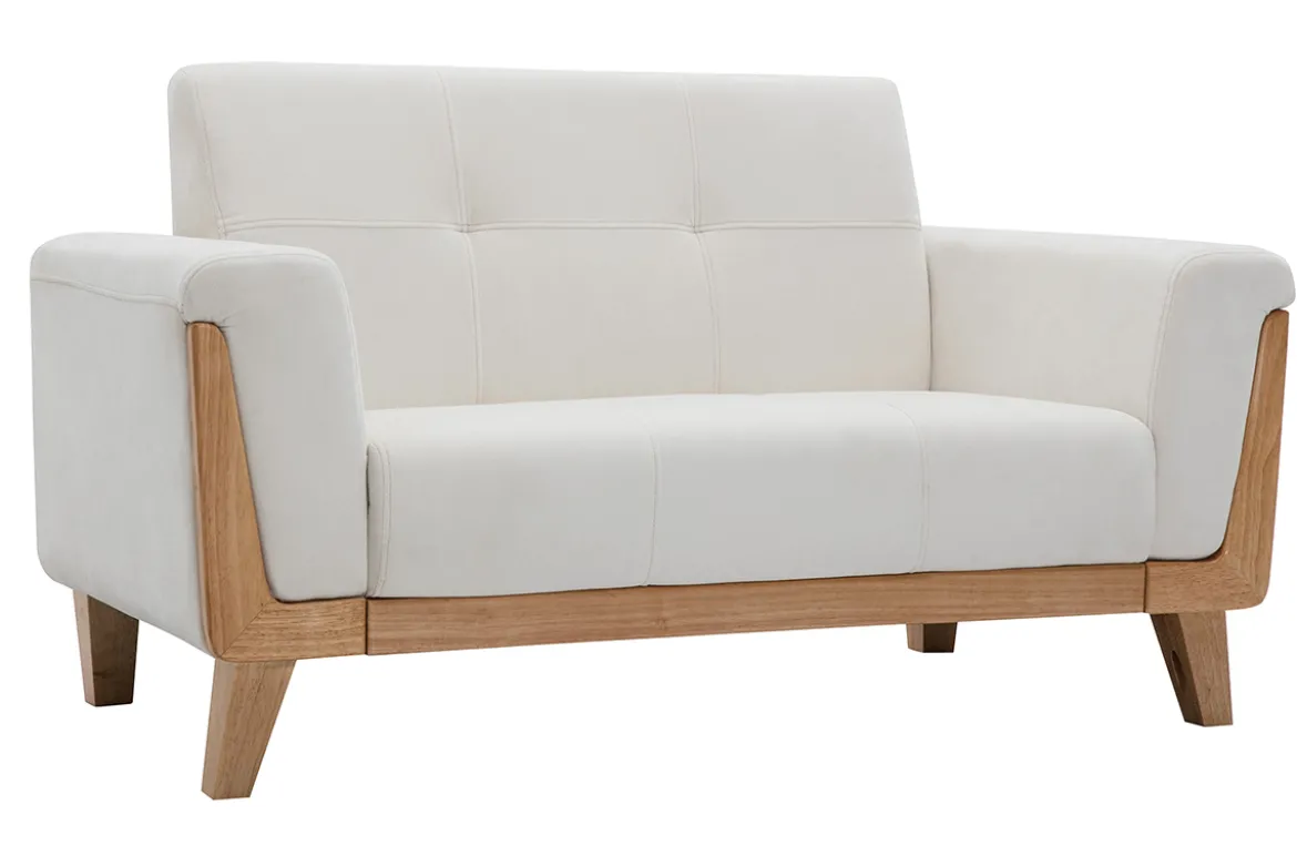 Canapé scandinave 2 places en tissu effet velours blanc cassé et bois clair FJORD