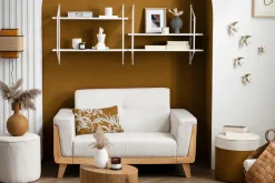 Canapé scandinave 2 places en tissu effet velours blanc cassé et bois clair FJORD