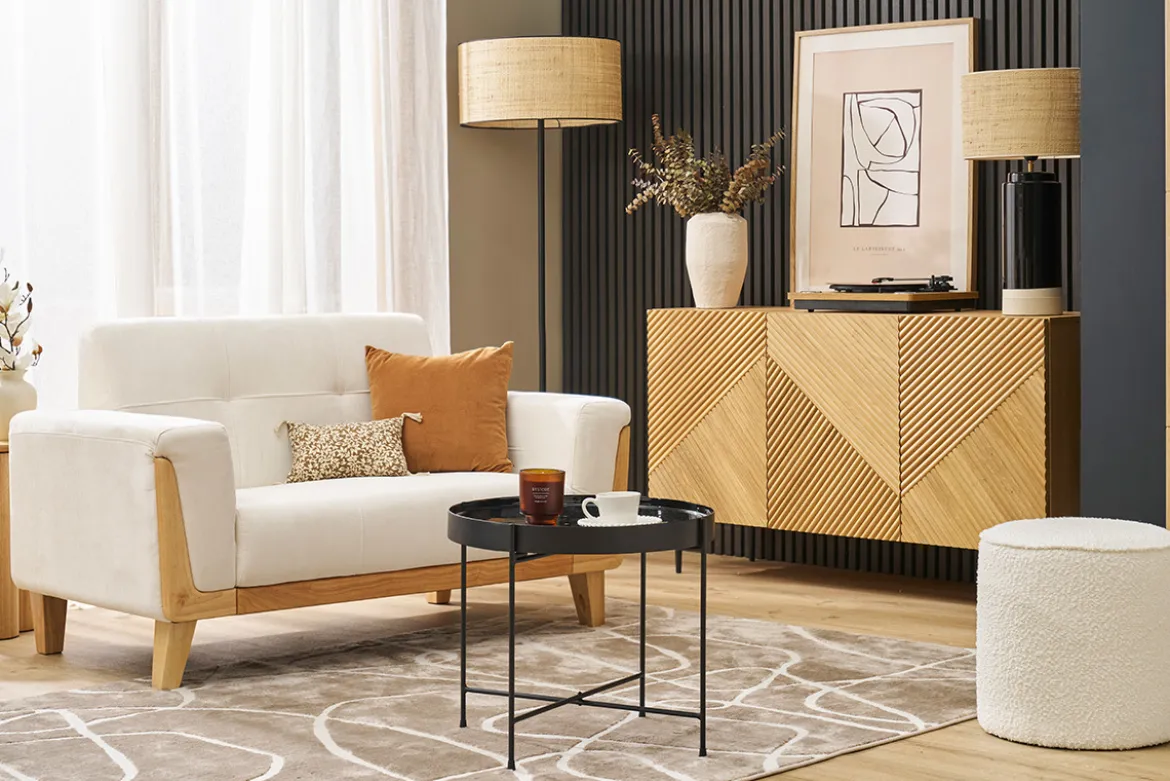 Canapé scandinave 2 places en tissu effet velours blanc cassé et bois clair FJORD