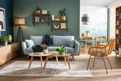 Canapé scandinave 3 places en tissu bleu glacier et bois clair CREEP