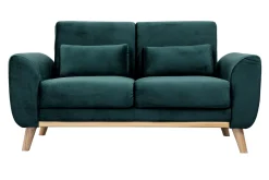 Canapé scandinave 2 places en tissu velours bleu pétrole et bois clair EKTOR