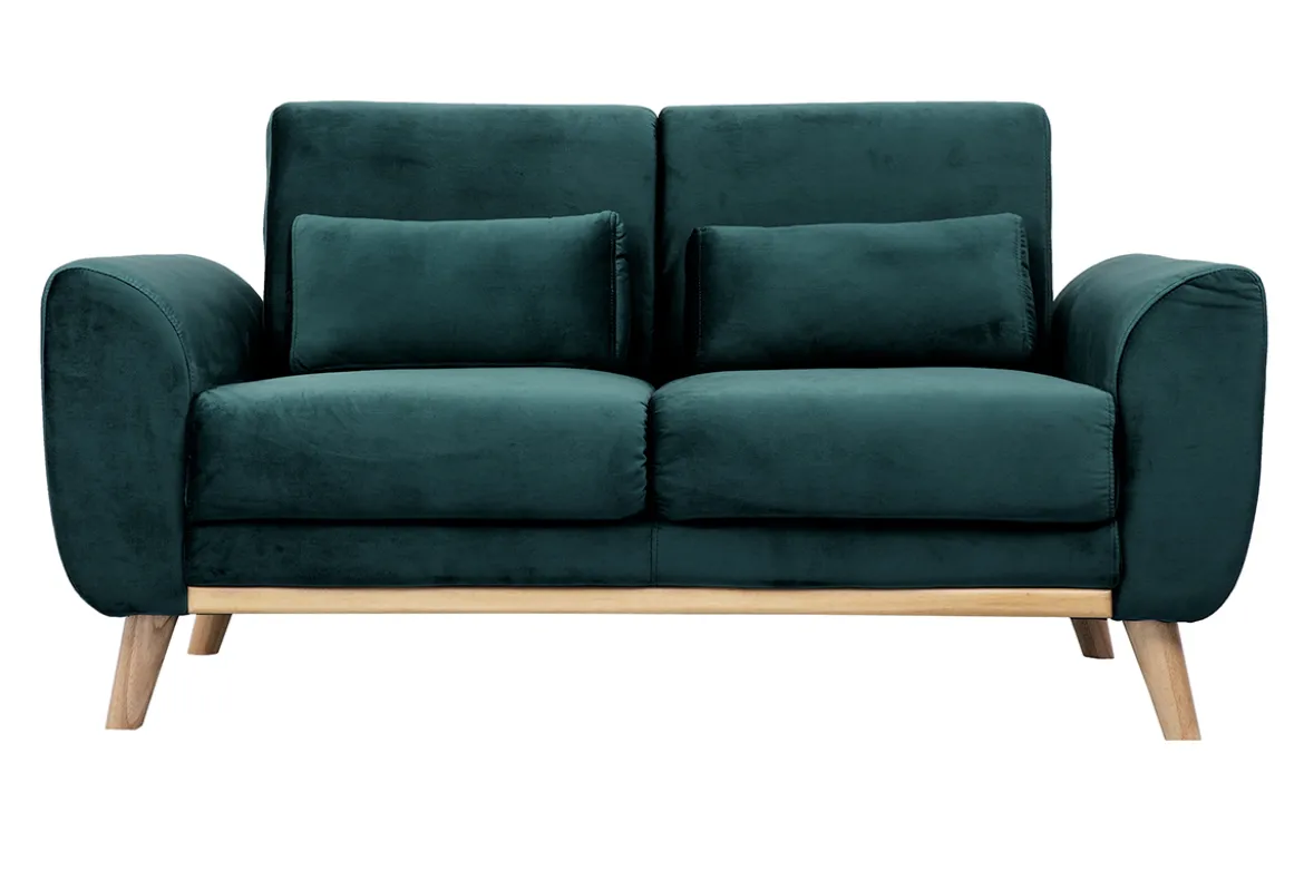 Canapé scandinave 2 places en tissu velours bleu pétrole et bois clair EKTOR