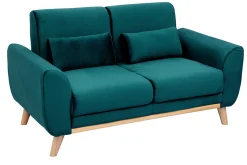 Canapé scandinave 2 places en tissu velours bleu pétrole et bois clair EKTOR