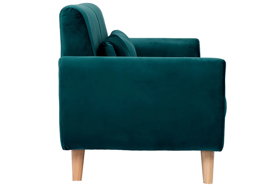 Canapé scandinave 2 places en tissu velours bleu pétrole et bois clair EKTOR