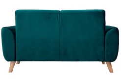 Canapé scandinave 2 places en tissu velours bleu pétrole et bois clair EKTOR