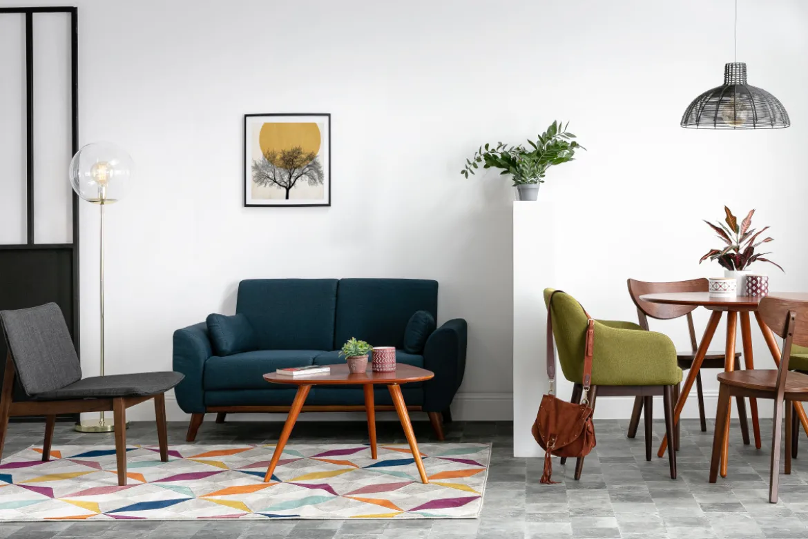 Canapé scandinave 2 places en tissu velours bleu pétrole et bois clair EKTOR