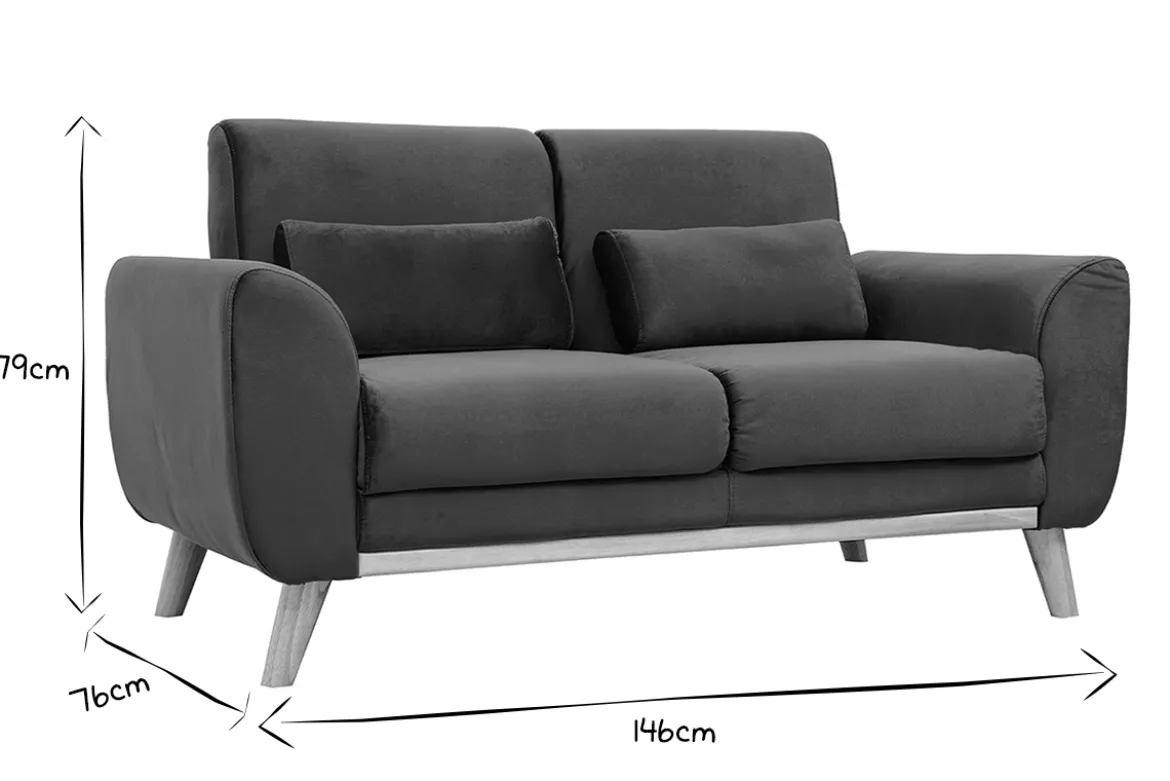 Canapé scandinave 2 places en tissu velours bleu pétrole et bois clair EKTOR