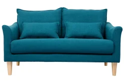 Canapé scandinave 2 places en tissu bleu canard et bois clair KATE