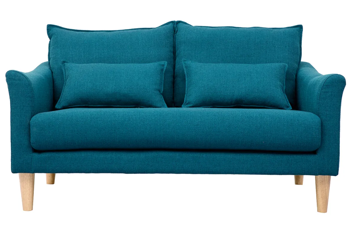Canapé scandinave 2 places en tissu bleu canard et bois clair KATE