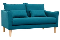 Canapé scandinave 2 places en tissu bleu canard et bois clair KATE