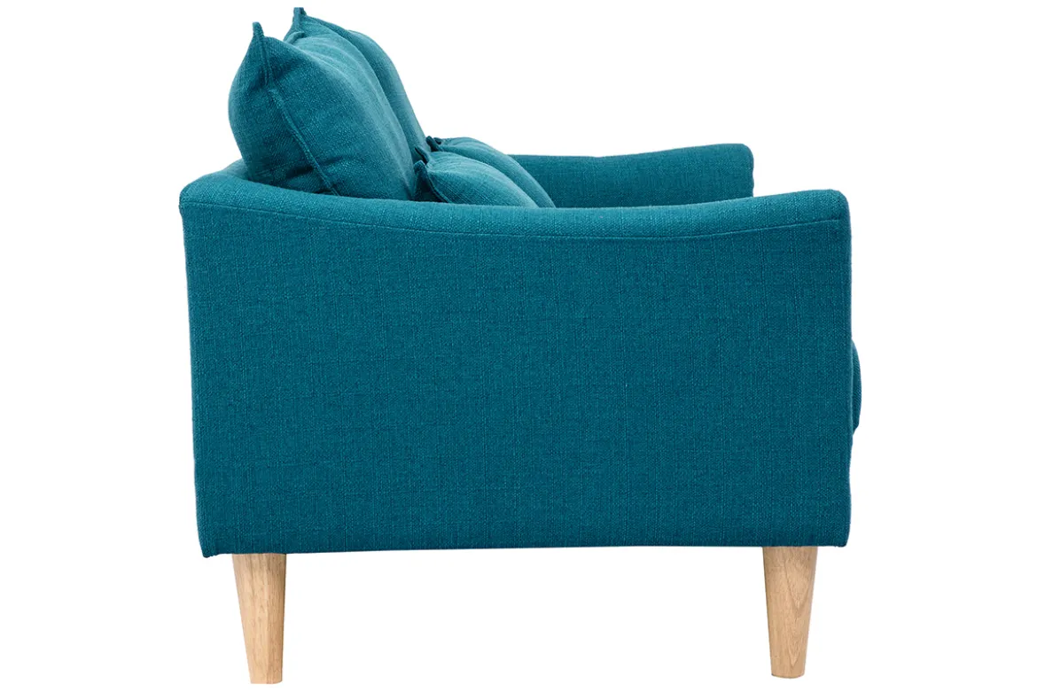 Canapé scandinave 2 places en tissu bleu canard et bois clair KATE