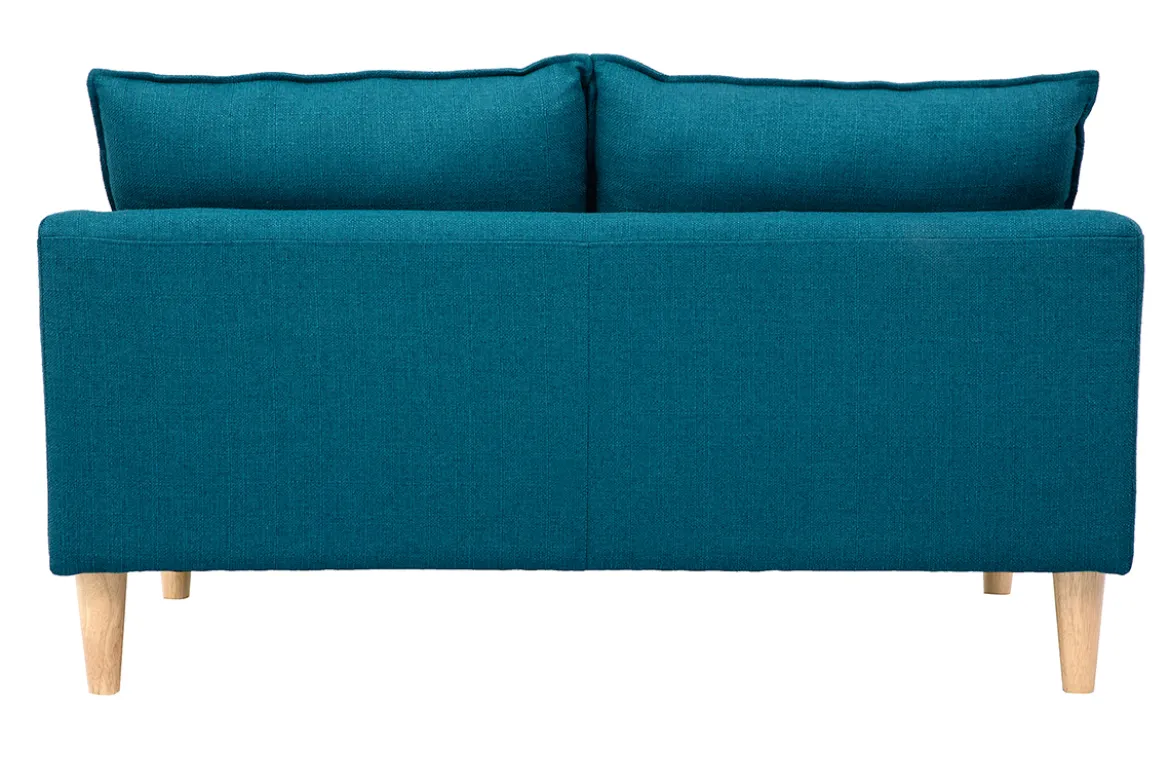 Canapé scandinave 2 places en tissu bleu canard et bois clair KATE