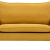 Canapé scandinave 2 places en tissu effet velours jaune moutarde et bois clair JONAS