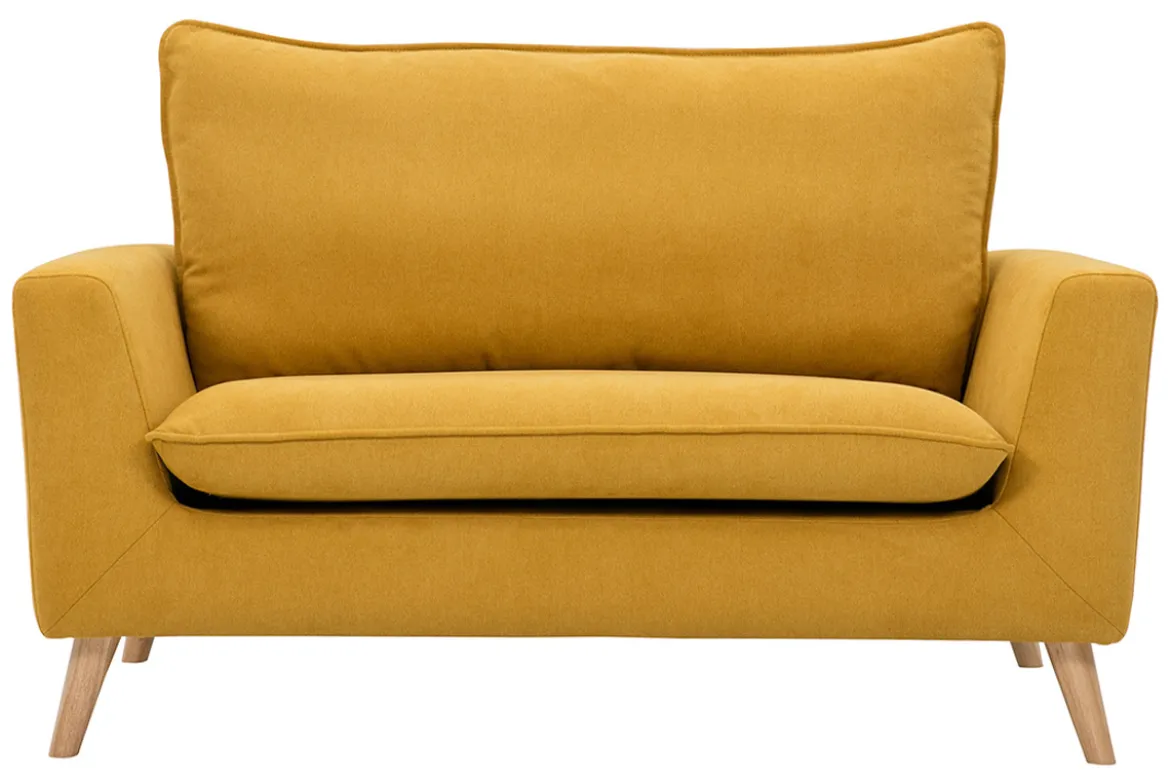 Canapé scandinave 2 places en tissu effet velours jaune moutarde et bois clair JONAS