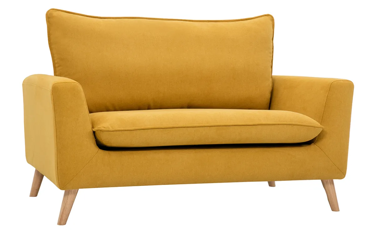 Canapé scandinave 2 places en tissu effet velours jaune moutarde et bois clair JONAS