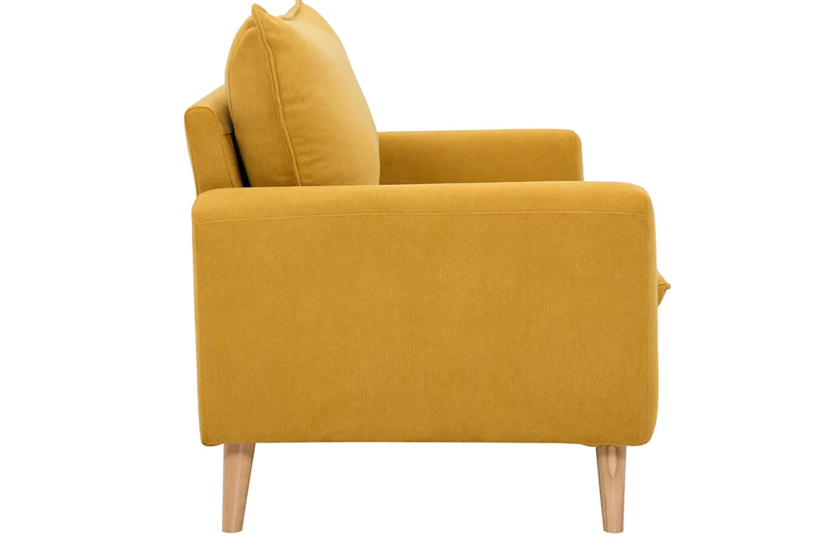Canapé scandinave 2 places en tissu effet velours jaune moutarde et bois clair JONAS