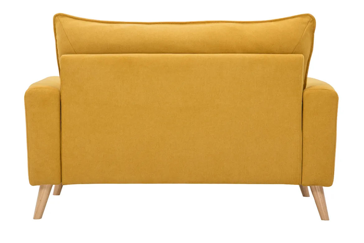 Canapé scandinave 2 places en tissu effet velours jaune moutarde et bois clair JONAS