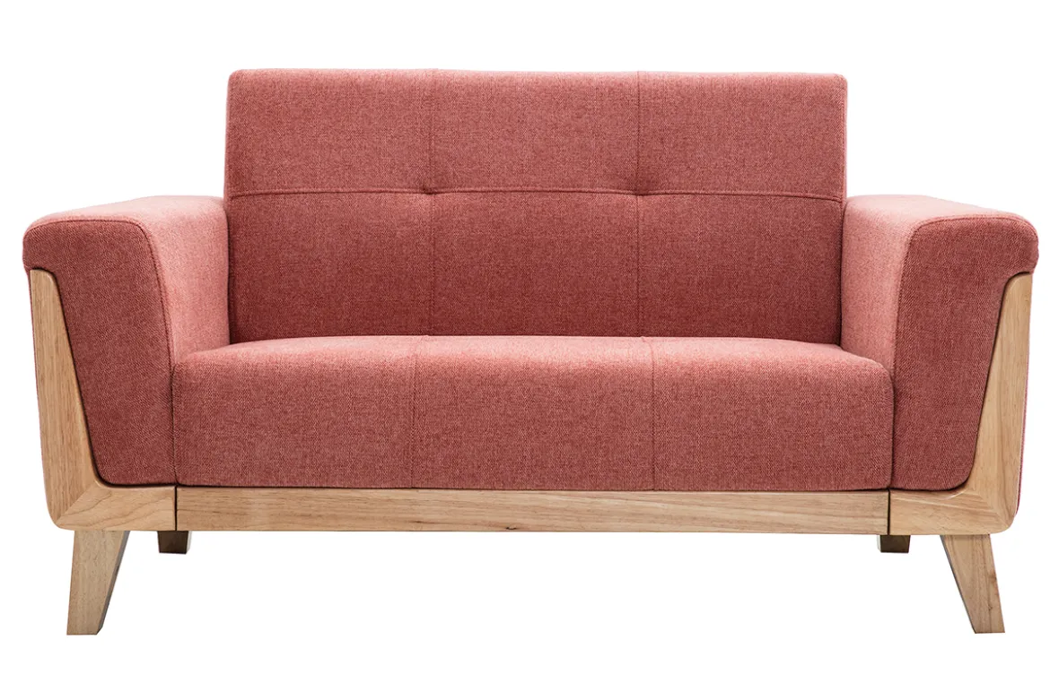 Canapé scandinave 2 places en tissu terracotta et bois clair FJORD