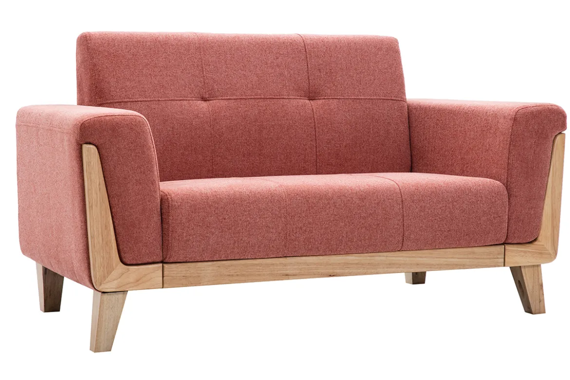 Canapé scandinave 2 places en tissu terracotta et bois clair FJORD
