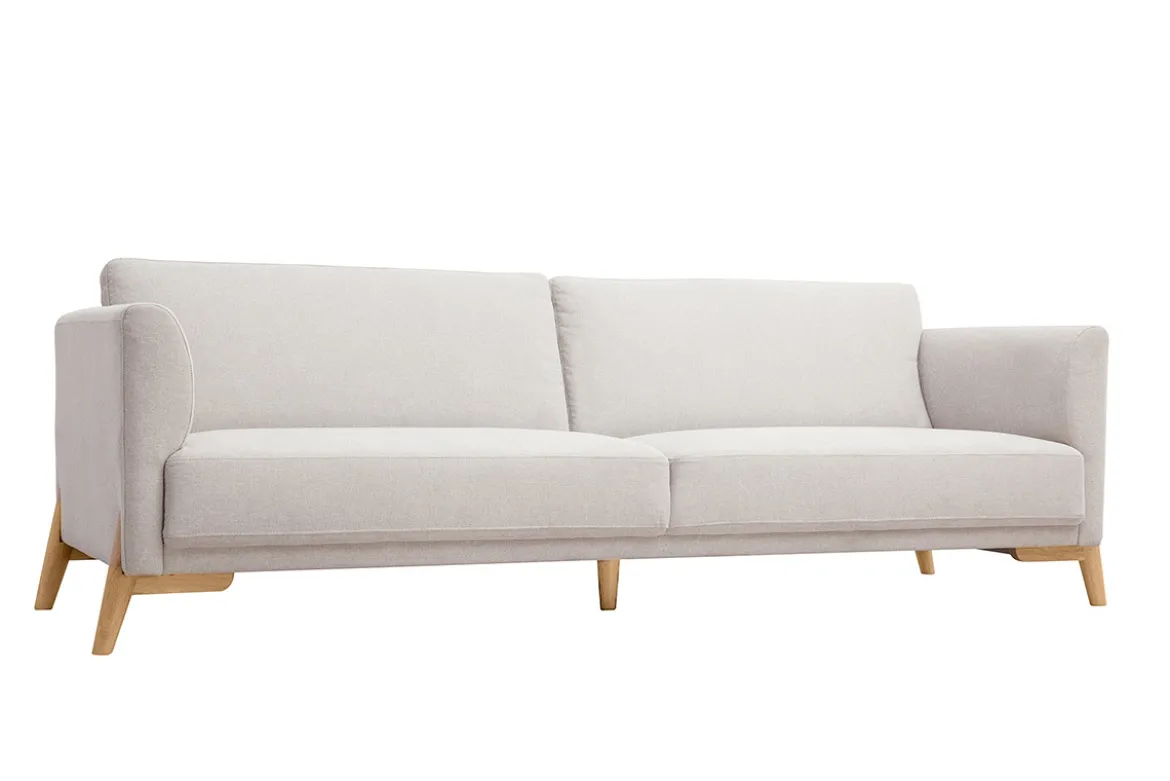 Canapé scandinave 4 places en tissu effet velours texturé beige et bois clair SINDRO
