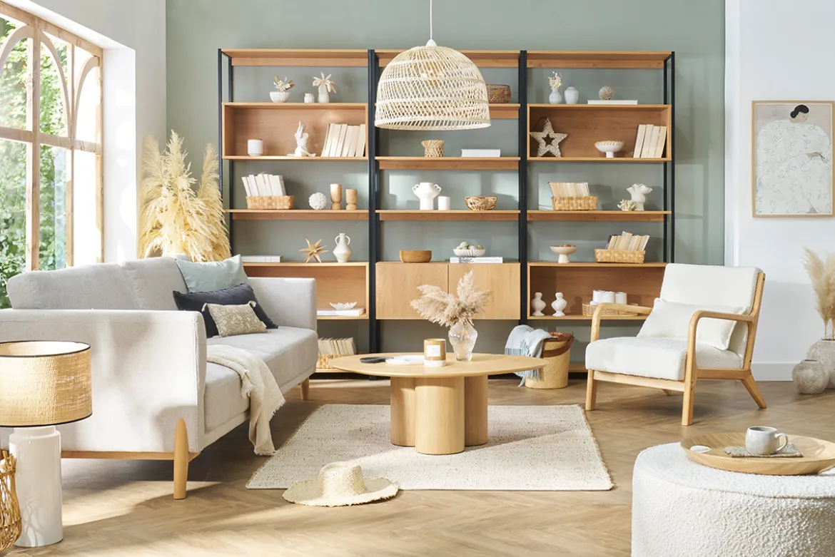 Canapé scandinave 4 places en tissu effet velours texturé beige et bois clair SINDRO