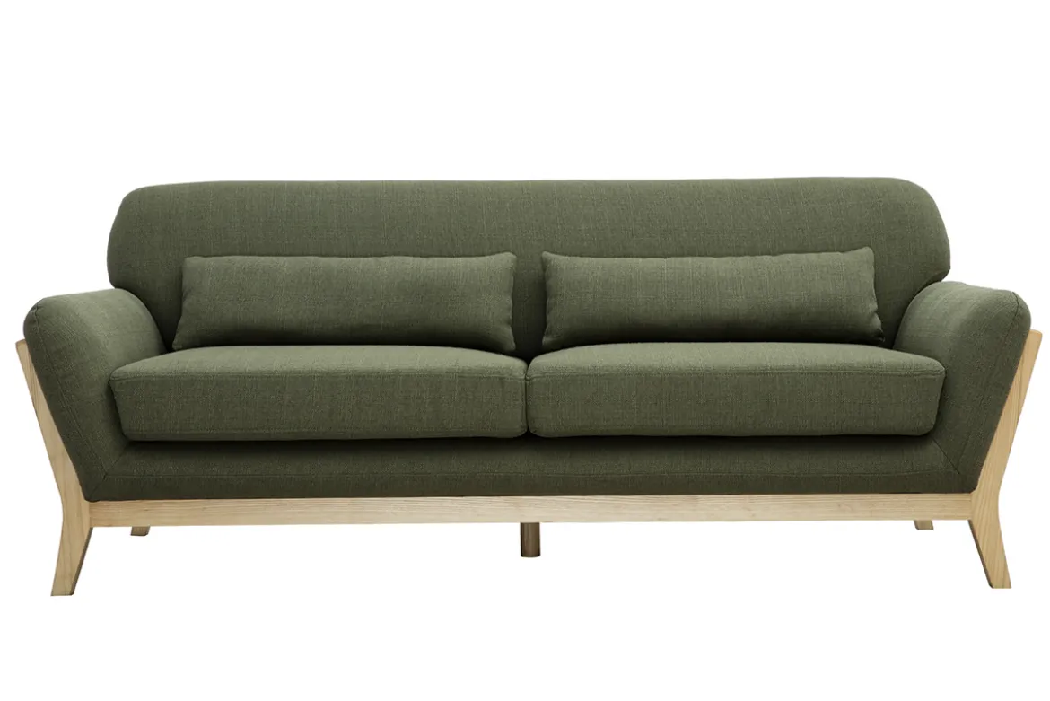 Canapé scandinave 3 places en tissu vert kaki et bois clair YOKO