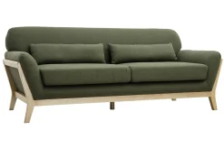 Canapé scandinave 3 places en tissu vert kaki et bois clair YOKO
