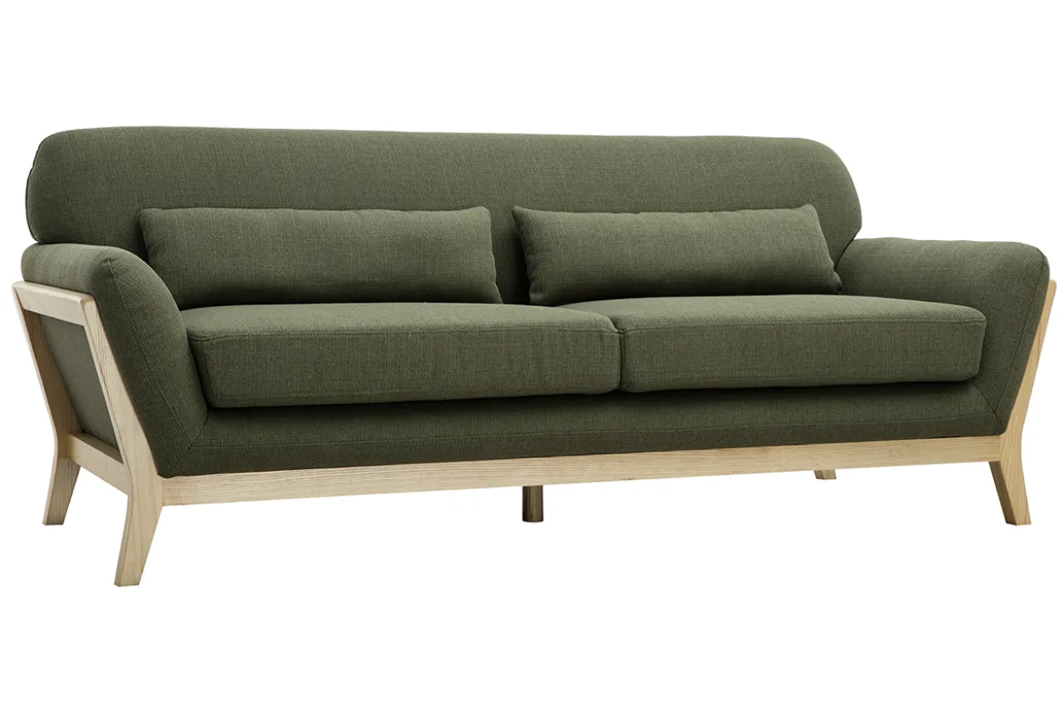 Canapé scandinave 3 places en tissu vert kaki et bois clair YOKO