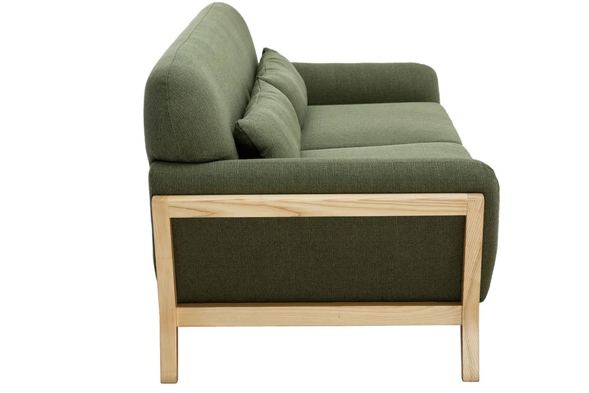 Canapé scandinave 3 places en tissu vert kaki et bois clair YOKO