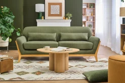 Canapé scandinave 3 places en tissu vert kaki et bois clair YOKO