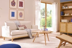 Canapé scandinave 3 places en tissu beige et bois clair HOBART