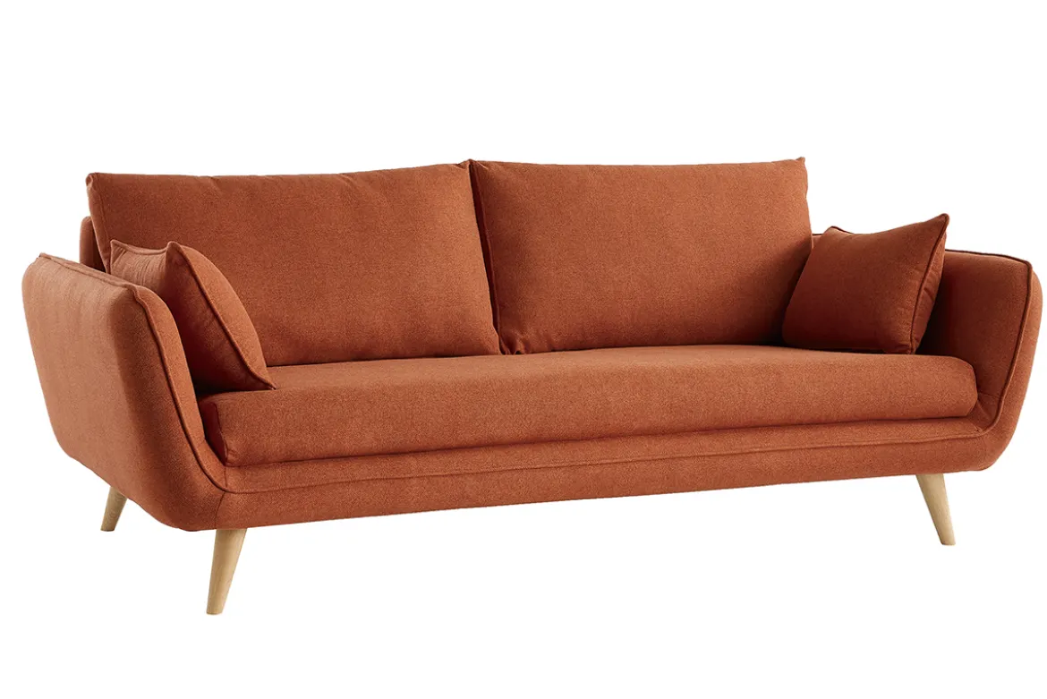 Canapé scandinave 3 places en tissu brique et bois clair CREEP