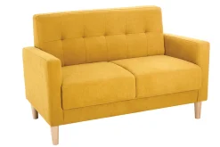 Canapé scandinave 2 places en tissu effet velours jaune moutarde et bois clair MOON