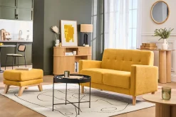 Canapé scandinave 2 places en tissu effet velours jaune moutarde et bois clair MOON