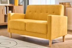 Canapé scandinave 2 places en tissu effet velours jaune moutarde et bois clair MOON
