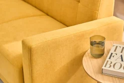 Canapé scandinave 2 places en tissu effet velours jaune moutarde et bois clair MOON