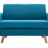Canapé scandinave 2 places en tissu bleu canard et bois clair PURE