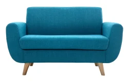 Canapé scandinave 2 places en tissu bleu canard et bois clair PURE